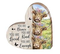 Highland Cow Keepsake Gifts, Heart-Shaped Highland Cow Ornaments with Encouraging Message, Wooden Plaques Decor for Home & Office, Inspirational Gifts for Friends, Coworker and Cow Fans