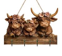 Highland Cow Key Holder for Wall, 4 Hooks Wooden Key Rack with 2D Highland Cows Decor, Rustic Entryway Organizer for House Keys, Charming Farmhouse Wall Hook