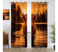 Highland Cow Kitchen Curtains for Windows - Western Cattle Farm Animal Sunset Blackout Eyelet Curtain 54 Drop, Short Curtains for Bedroom, W46 X D54, 2 Panels Drapes Home Decor