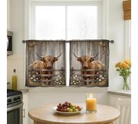 Highland Cow Kitchen Curtains, Rustic Country Daisies Wooden Fence Fall Brown Short Curtains for Window Window Decoration for Dining Room Breakfast Nook Sink Area 26x30 Inch