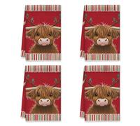 Highland Cow Kitchen Towels, Christmas Festive Holly Antlers Christmas Red Microfiber Tea Towels Festive Home Decor 16x24 Inch (Set of 4)