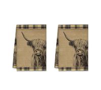 Highland Cow Kitchen Towels Set of 2,Rustic Farmhouse Plaid Textured Background Beige Quick Dry Tea Towels Cooking Essentials 16x24 Inch (2PCS)