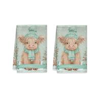 Highland Cow Kitchen Towels Set of 2, Winter Fanciful Winter Accessories Snowflakes Mint Green Absorbent Soft Rags for Cleaning House Cooking Essentials 16x24 Inch