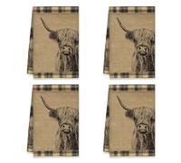 Highland Cow Kitchen Towels Set of 4,Rustic Farmhouse Plaid Textured Background Beige Quick Dry Tea Towels Cooking Essentials 16x24 Inch (4PCS)