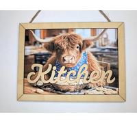 Highland Cow Kitchen Wall Or Door Sign, Wooden Frame, 16 x 12 cm With Twine To Hang, Cute Cow Baking Plaque