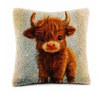 Highland Cow Latch Hook Cushion Kits 43 x 43cm Brown with Acrylic Yarn | Rug Making Kit for Adults and Beginners, Craft Kits for Adults UK, a Cosy Relaxing Hobby and Screen Free Evenings at Home