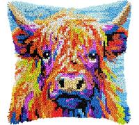 Highland Cow Latch Hook Kits Pillow for Adults Throw Pillow Pre-Printed Patterns Pillowcase Needlework Crochet Yarns Latch Hooking Cushion for Sofa Decor 17x17inch(y58)