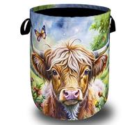 Highland Cow Laundry Basket Floral Foldable Funny Laundry Hamper Oxford Cloth Cute Animal Tote Bag Clothes Storage Bucket Toy Organizer 18.9" x 16.5" For Bathroom/Laundry Storage/Bedroom