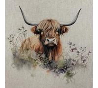 Highland Cow - Linen Look Digital Print Fabric Panel 18” Square 45cm - Per Panel - Select Design (Design 1)