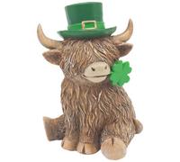 Highland Cow Lucky Boy Figurine Ornament Shamrock Irish Theme Green Hat Clover