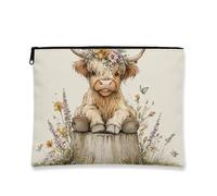 Highland Cow Makeup Bag, Floral Vintage Animal Cosmetic Travel Pouch for Women, Portable Small Canvas Zipper Organizer, Spring Gift Skincare Toiletry Bag, Beige, 7x9 Inch, Cow