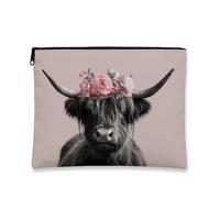 Highland Cow Makeup Bag, Peach Floral Scottish Rustic Cosmetic Travel Bags for Women, Portable Small Canvas Zipper Pouch, Spring Gift Toiletry Skincare Bag Organizer, Peach, 7x9 Inch