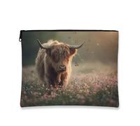 Highland Cow Makeup Bag, Rustic Butterflies Pastoral Cosmetic Travel Bag for Women, Portable Small Canvas Zipper Pouch, Spring Gift Skincare Organizing Toiletry Bag, Brown, 7x9 Inch, Cow