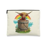 Highland Cow Makeup Bag, Vintage Rainbow Cosmetic Travel Pouch for Women, Portable Small Canvas Zipper Organizer, Festival Gift Toiletry Bag, Cream, 7x9 Inch