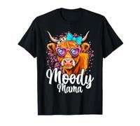 Highland Cow Moody Mama Funny Mum Mom Print Bow Messy Bun T-Shirt