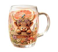 Highland Cow Mug | Cute Glass Drinkware with Handle Farmhouse Decor - Iced Cup Drink Glasses - for Tea Milk Water Juice Cappuccino Beverage Kitchen Home Restaurant