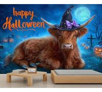Highland Cow Mural Halloween Night Sky Moon Accent Wallpaper Farmhouse Cute Animal Wallpaper Dead Tree Tombstone Pumpkin Lantern Kids Wall Paper for Bedroom Living Room Mural Poster Decor 150X105cm