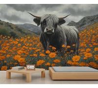 Highland Cow Mural Rural Scenery Wallpaper Natural Realistic Wall Mural Large Panoramic Accent Wallpaper Bedroom Living Room 3D Sofa Backdrop (Non-self-Adhesive)