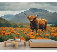 Highland Cow Mural Scottish Cattle Wallpaper Natural Pastoral Wall Mural Statement Wall Restaurant Diner Large-Scale Art Decor Photo Panoramic Accent (Non-self-Adhesive)