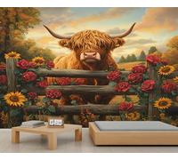 Highland Cow Murals Red Rose Yellow Sunflower Wallpaper Autumn Landscape Wallpaper for Walls Rural Nature Country Wall Paper for Kids Bedroom Living Room Boys Room Mural Poster 500X350cm
