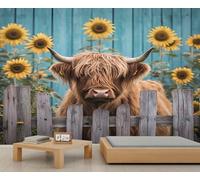 Highland Cow Murals Sunflower Wallpaper Rustic Blue Wood Wall Wallpaper for Kids Room Nature Gray Wooden Fence Wall Paper for Bedroom Poster Mural Living Room Dining Room Decor 232X158cm