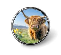 Highland Cow Narcissus Flower Round Metal Badges Decorative Brooches Fashionable Lapel Pin for Hat Backpack Clothing