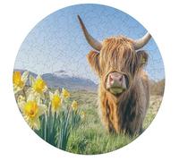 Highland Cow Narcissus Flower Wooden Puzzle Letter on Back Circular Easy Jigsaw Puzzles for Elderly Birthday Gift Family Game