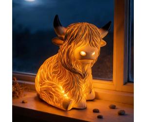 Highland Cow Night Light Lamp, Highland Cattle Lamp with Cozy Glow, Resin Animals Sculpture with Led Warm Glow, Rustic Decorative Desk for Home Office, Bedroom Nursery Living Room Gifts