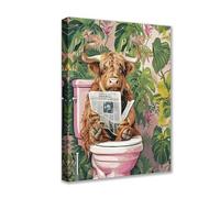 Highland Cow on Toilet Canvas Wall Art Animal Read Newspaper Picture 1P Tropical Plant Posters Prints Cute Modern Artwork for Living Room Bedroom Home Decor Framed Gallery-Wrapped Ready to Hang
