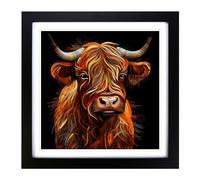 Highland Cow Op Art Framed Wall Art Print 18x18 Inch Black