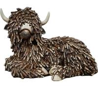 Highland Cow Ornament, Rustic Resin Figurine, Decorative Laying Cattle Sculpture, Brown and White