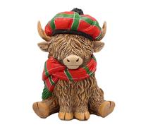 Highland Cow Ornaments, Highland Cow Figurine with Red Tartan Scarf and Hat, Highland Cow Gifts, Cute Highland Cow Garden Ornament Table Centerpiece Living Room Accessories for Highland Cow Lovers