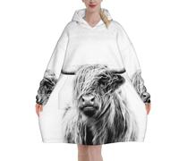 Highland Cow Oversized Women's Wearable Blanket Hoodie, Flannel Pullover Blanket, Blanket Sweatshirt