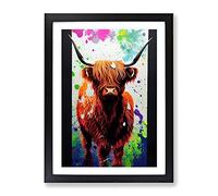 Highland Cow Paint Splash Framed Wall Art Print A2 Black | Ready to Hang, Premium Gi Paper, Fade-Resistant Inks, Securely Packaged, UK Made