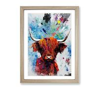 Highland Cow Paint Splash Framed Wall Art Print A2 Oak | Ready to Hang, Premium Gi Paper, Fade-Resistant Inks, Securely Packaged, UK Made
