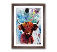 Highland Cow Paint Splash Framed Wall Art Print A2 Walnut | Ready to Hang, Premium Gi Paper, Fade-Resistant Inks, Securely Packaged, UK Made