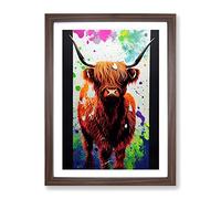 Highland Cow Paint Splash Framed Wall Art Print A2 Walnut | Ready to Hang, Premium Gi Paper, Fade-Resistant Inks, Securely Packaged, UK Made