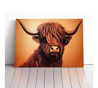 Highland Cow Painted Orange, Red, Teal | Canvas Wall Art Print | Framed & Ready to Hang Picture | Modern Home Decor for Living Room, Bedroom, Kitchen or Office | 30x20 Inches