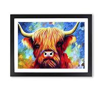 Highland Cow Painting Abstract BLK Framed Wall Art Print A2 Black