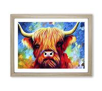 Highland Cow Painting Abstract BLK Framed Wall Art Print A2 Oak