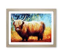 Highland Cow Painting Abstract BLK Framed Wall Art Print A2 Oak