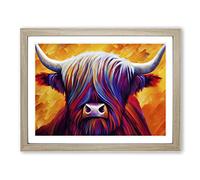 Highland Cow Painting Abstract BLK Framed Wall Art Print A2 Oak