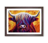 Highland Cow Painting Abstract BLK Framed Wall Art Print A2 Walnut