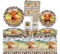 Highland Cow Party Supplies - Brown Cow Party Tableware - Dinner Plates Desserts Plates Cups Napkins Tablecover Straws for Western Farm Animals Birthday Supplie Birthday Decorations, Serves 20