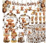 Highland Cow Party Supplies Holy Cow Highland Themed Baby Shower Party Decorations Tableware Plates Napkins Cups Cake Topper Balloons Western Cowboy Party Decor for Farmhouse Party Supplies 24 Guests