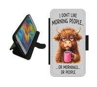Highland Cow phone case wallet For Apple iPhone/For Samsung Galaxy/For Google Pixel Fun Don't do mornings Silicone rubber holder flip case, PU leather back, card slots. protective Phone cover Black