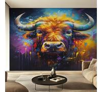 Highland Cow Photo Wallpaper for Bedroom, Colorful Graffiti Highland Cattle Wall Mural for Living Room, Orange Blue Purple Wallpaper 450x315 Nonwoven Wall Paper Home Decor W32