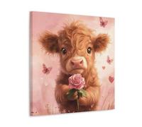 Highland Cow Pictures Wall Decor Cute Cow Baby with Pink Rose Poster Farmhouse Calf Canvas Prints Rustic Animal Artwork for Kids Room Decor 20x20inch(50x50cm)