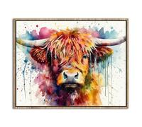 Highland Cow Pictures Watercolor Banksy Canvas Wall Art Graffiti Farm Animals Wall Decor Colourful Scottish Cow Bedroom Pictures Modern Framed Artwork for Living Room Kitchen Home Decorations 20x25cm