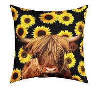 Highland Cow Pillow Cover Yellow Sunflower Cattle Pattern Cushion Cover for Kids Teens Adults Wild Animal Flower Rustic Style Pillow Case for Room Decor Couch Sofa 18x18 Inch